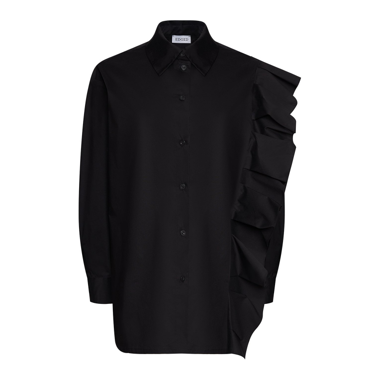 Рубашка с воланом из итальянского хлопка черная Рубашка с красивым воланом на плече из хлопка с эластаном для вашего эффектного дневного или вечернего выхода. 